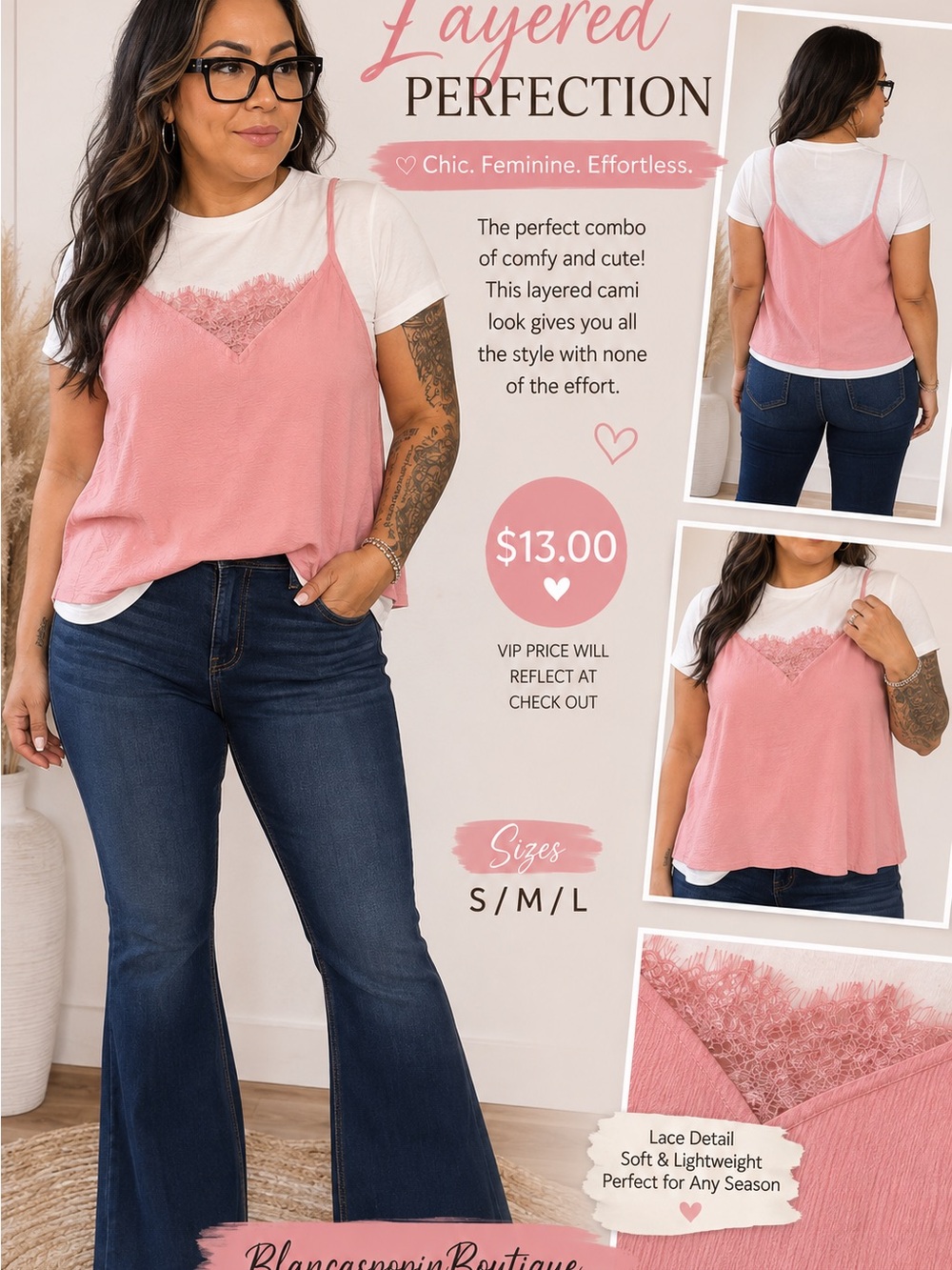 Haute Monde Pink Lace-Trim Layered Cami